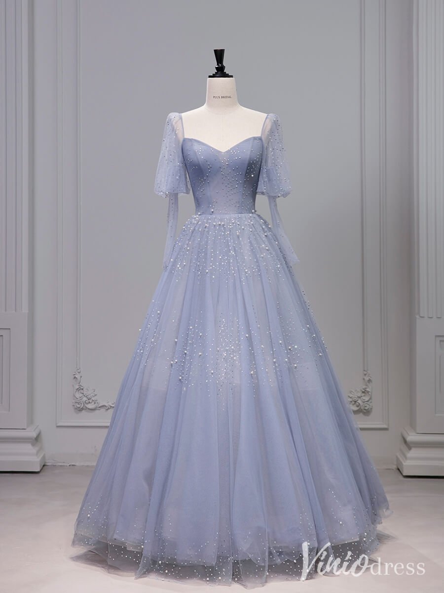 Dusty Blue Pearl Sweetheart Prom Dresses Puffed Sleeve Formal Dress AD1327-prom dresses 2025 -Viniodress-Dusty Blue-Custom Size-