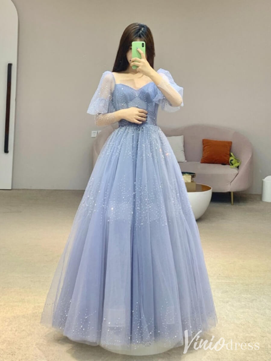 Dusty Blue Pearl Sweetheart Prom Dresses Puffed Sleeve Formal Dress AD1327-prom dresses-Viniodress-Viniodress