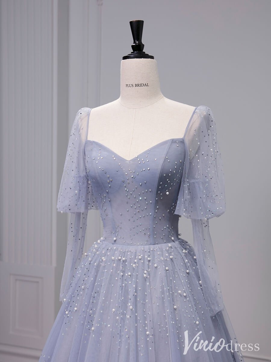 Dusty Blue Pearl Sweetheart Prom Dresses Puffed Sleeve Formal Dress AD1327 - Viniodressprom dressesDusty BlueCustom Size - Formal Dresses - Ball Gowns