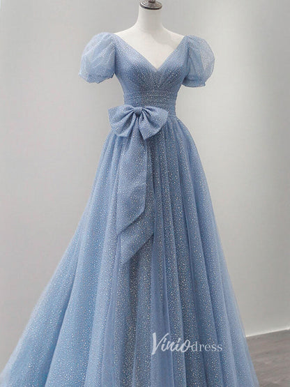 Dusty Blue Puffed Sleeve Prom Dresses Dotted Tulle Evening Dress FD3177-prom dresses 2025 -Viniodress-Dusty Blue-Custom Size-