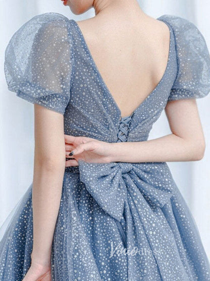 Dusty Blue Puffed Sleeve Prom Dresses Dotted Tulle Evening Dress FD3177-prom dresses 2025 -Viniodress-Dusty Blue-Custom Size-