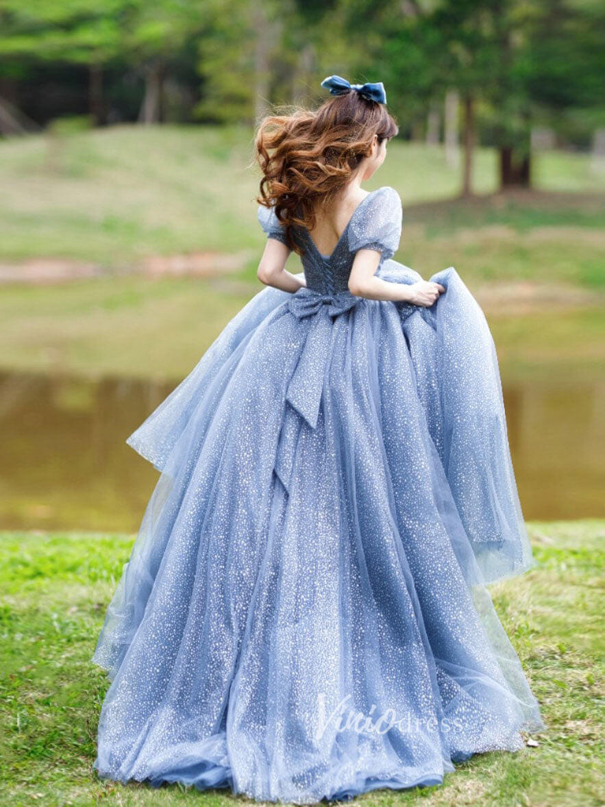 Dusty Blue Puffed Sleeve Prom Dresses Dotted Tulle Evening Dress FD3177-prom dresses 2025 -Viniodress-Dusty Blue-Custom Size-
