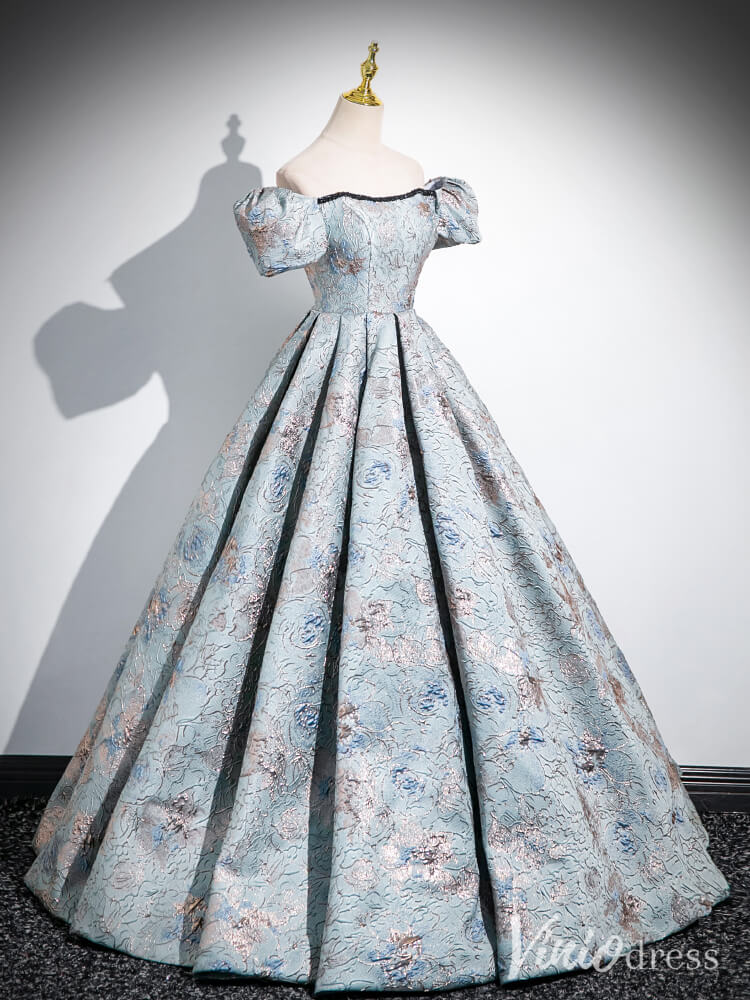 Dusty Blue Puffed Sleeve Prom Dresses Jacquard Satin Ball Gown AD1336-prom dresses 2025 -Viniodress-Dusty Blue-Custom Size-