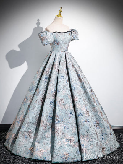 Dusty Blue Puffed Sleeve Prom Dresses Jacquard Satin Ball Gown AD1336-prom dresses 2025 -Viniodress-Dusty Blue-Custom Size-