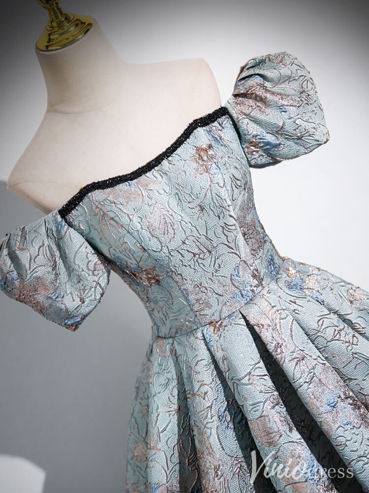 Dusty Blue Puffed Sleeve Prom Dresses Jacquard Satin Ball Gown AD1336-prom dresses 2025 -Viniodress-Dusty Blue-Custom Size-