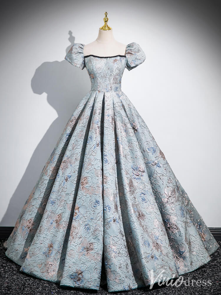 Dusty Blue Puffed Sleeve Prom Dresses Jacquard Satin Ball Gown AD1336-prom dresses 2025 -Viniodress-Dusty Blue-Custom Size-