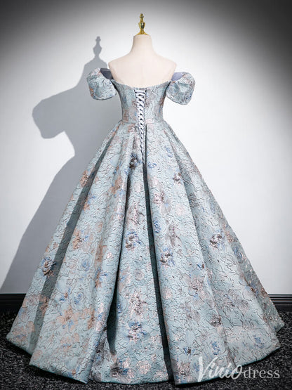 Dusty Blue Puffed Sleeve Prom Dresses Jacquard Satin Ball Gown AD1336-prom dresses 2025 -Viniodress-Dusty Blue-Custom Size-