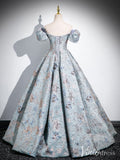 Dusty Blue Puffed Sleeve Prom Dresses Jacquard Satin Ball Gown AD1336-prom dresses-Viniodress-Viniodress