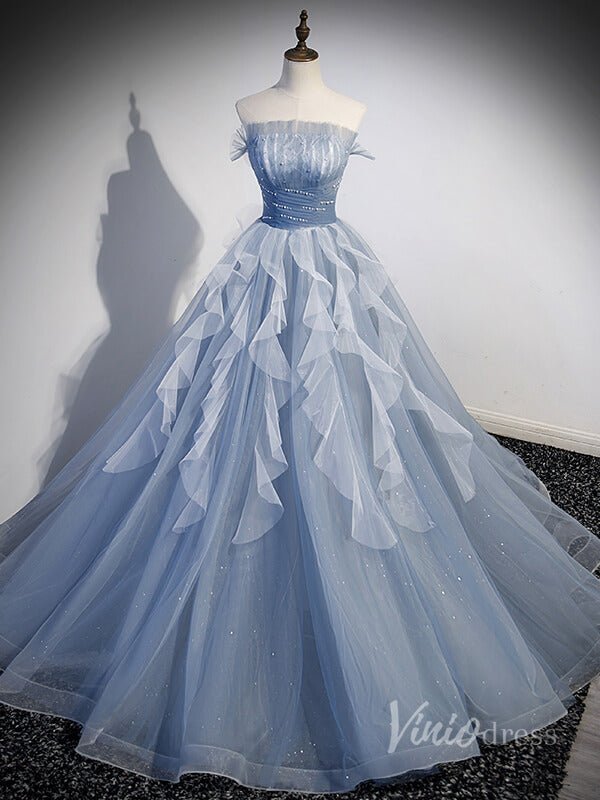 Dusty Blue Ruffled Beaded Tulle Prom Dresses Sheer Removable Sleeve 90039-prom dresses 2025 -Viniodress-Dusty Blue-Custom Size-