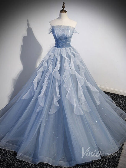 Dusty Blue Ruffled Beaded Tulle Prom Dresses Sheer Removable Sleeve 90039-prom dresses 2025 -Viniodress-Dusty Blue-Custom Size-