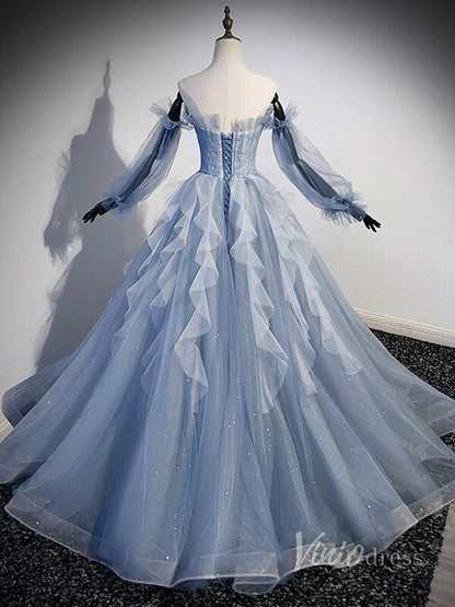 Dusty Blue Ruffled Beaded Tulle Prom Dresses Sheer Removable Sleeve 90039-prom dresses 2025 -Viniodress-Dusty Blue-Custom Size-