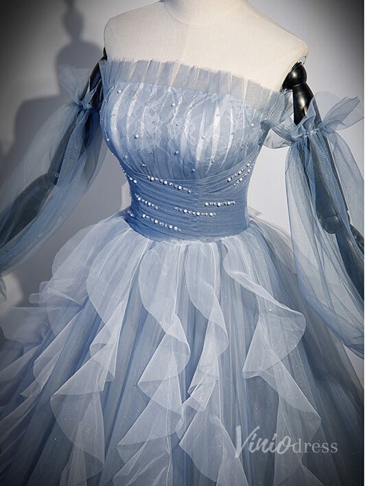 Dusty Blue Ruffled Beaded Tulle Prom Dresses Sheer Removable Sleeve 90039-prom dresses 2025 -Viniodress-Dusty Blue-Custom Size-