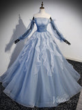 Dusty Blue Ruffled Beaded Tulle Prom Dresses Sheer Removable Sleeve 90039