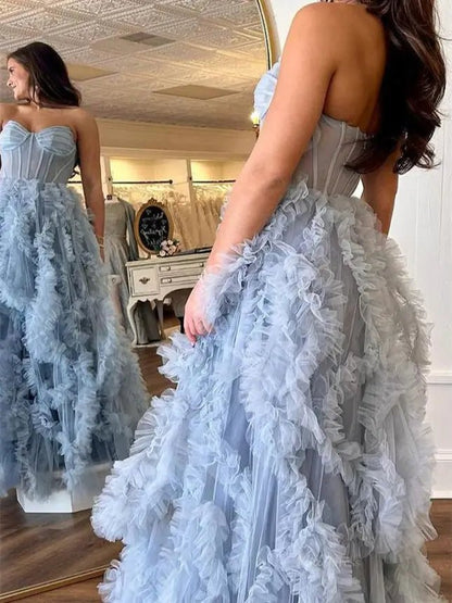 Dusty Blue Ruffled Prom Dresses with Slit & Sweetheart Neck Sheer Boned Bodice - FD3719-prom dresses 2025 -Viniodress-Blue-Custom Size-