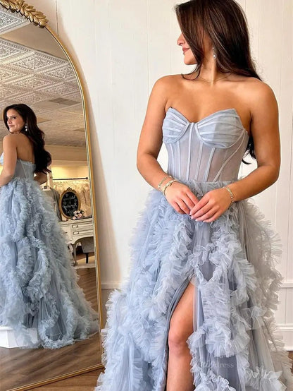 Dusty Blue Ruffled Prom Dresses with Slit & Sweetheart Neck Sheer Boned Bodice - FD3719-prom dresses 2025 -Viniodress-Blue-Custom Size-