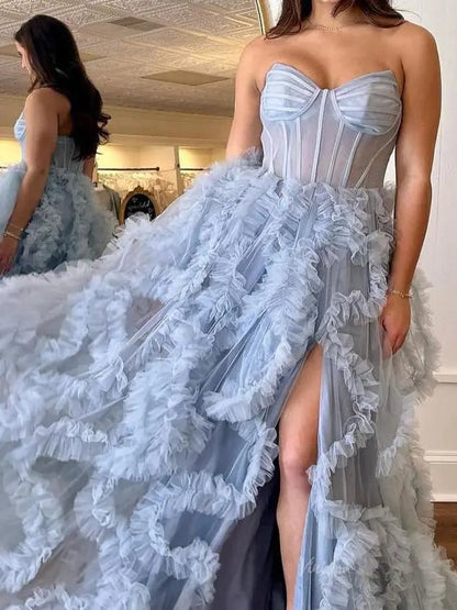 Dusty Blue Ruffled Prom Dresses with Slit & Sweetheart Neck Sheer Boned Bodice - FD3719-prom dresses 2025 -Viniodress-Blue-Custom Size-