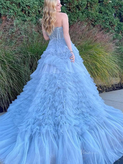 Dusty Blue Ruffled Tiered Prom Dresses Strapless Pleated Tulle Formal Dress - FD3718-prom dresses 2025 -Viniodress-Blue-Custom Size-