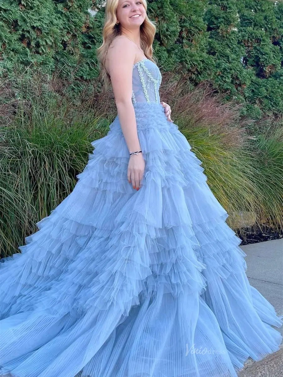 Dusty Blue Ruffled Tiered Prom Dresses Strapless Pleated Tulle Formal Dress - FD3718-prom dresses 2025 -Viniodress-Blue-Custom Size-