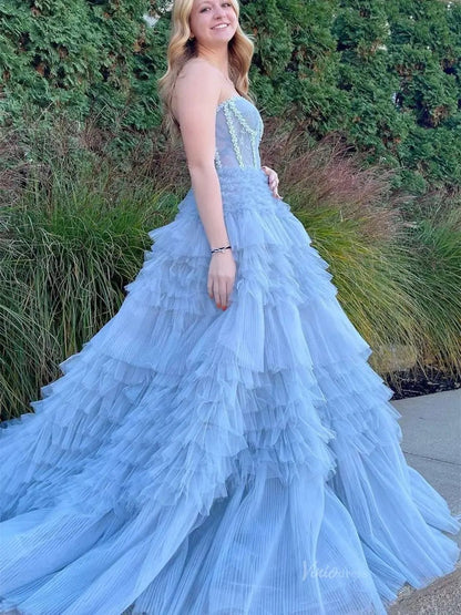 Dusty Blue Ruffled Tiered Prom Dresses Strapless Pleated Tulle Formal Dress - FD3718-prom dresses 2025 -Viniodress-Blue-Custom Size-