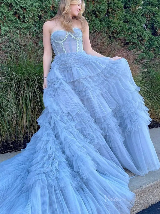 Dusty Blue Ruffled Tiered Prom Dresses Strapless Pleated Tulle Formal Dress - FD3718-prom dresses 2025 -Viniodress-Blue-Custom Size-