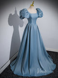 Dusty Blue Satin Cheap Prom Dresses Puffed Sleeve Formal Gown 90055-prom dresses-Viniodress-Viniodress