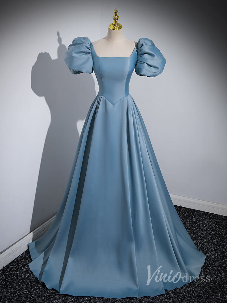 Dusty Blue Satin Cheap Prom Dresses Puffed Sleeve Formal Gown 90055-prom dresses-Viniodress-Blue-Custom Size-Viniodress