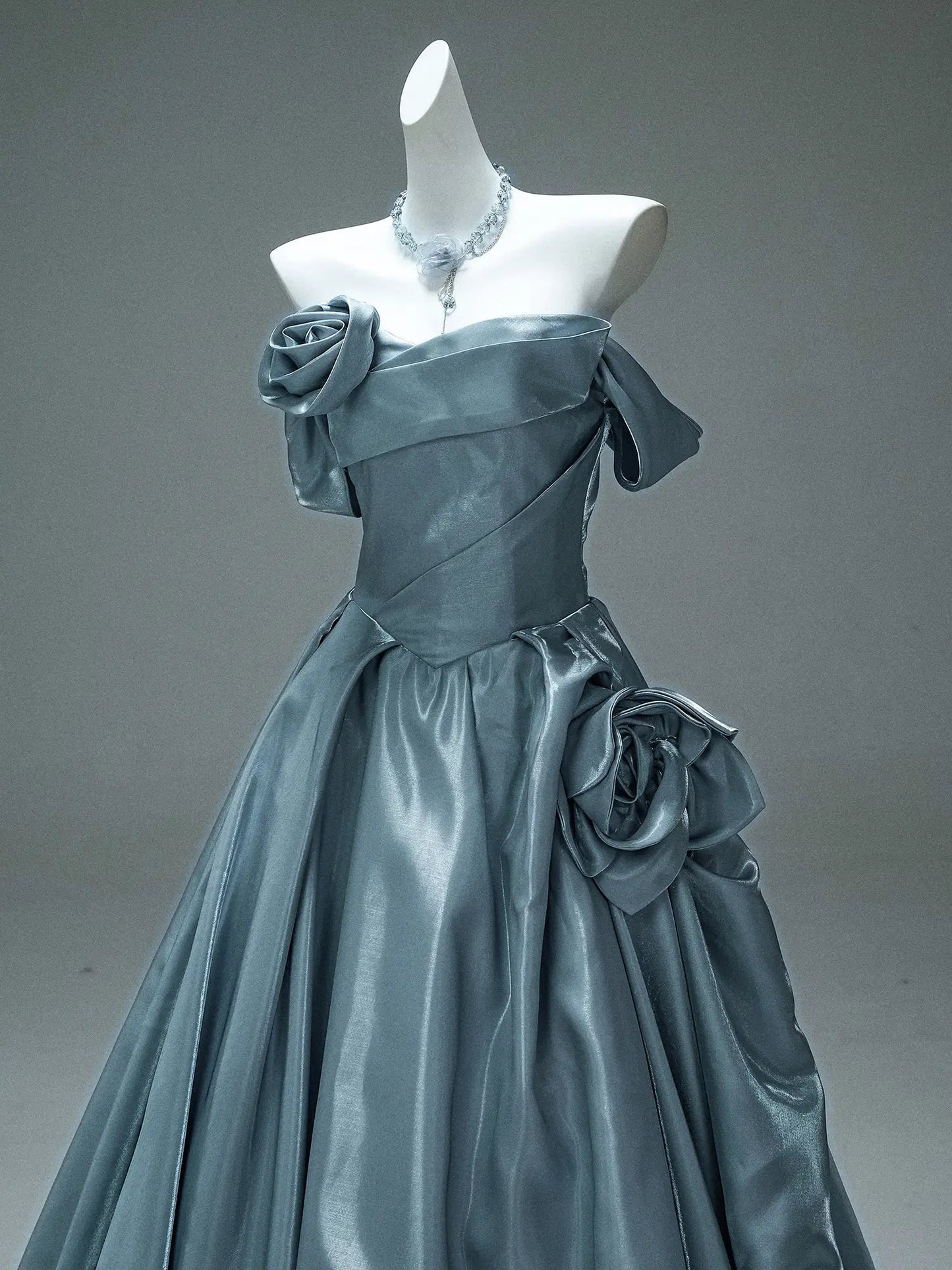 Dusty Blue Satin Formal Gown with 3D Flowers, Ruched Bodice & Corset Back - CQ0105-Couture Gown 2025 -Viniodress-Blue-Custom Size-