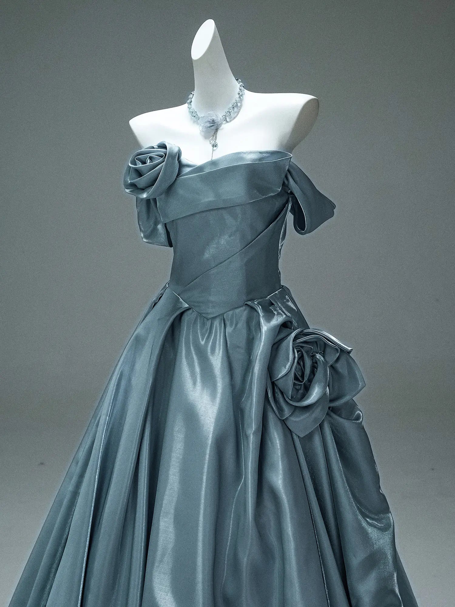 Dusty Blue Satin Formal Gown with 3D Flowers, Ruched Bodice & Corset Back - CQ0105-Couture Gown 2025 -Viniodress-Blue-Custom Size-