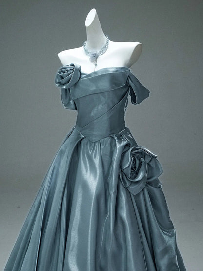 Dusty Blue Satin Formal Gown with 3D Flowers, Ruched Bodice & Corset Back - CQ0105-Couture Gown 2025 -Viniodress-Blue-Custom Size-