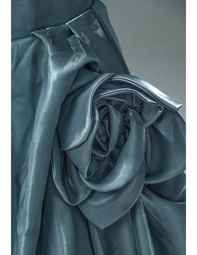 Dusty Blue Satin Formal Gown with 3D Flowers, Ruched Bodice & Corset Back - CQ0105-Couture Gown 2025 -Viniodress-Blue-Custom Size-