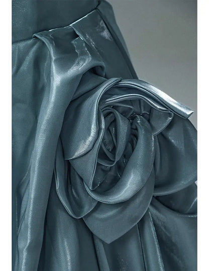Dusty Blue Satin Formal Gown with 3D Flowers, Ruched Bodice & Corset Back - CQ0105-Couture Gown 2025 -Viniodress-Blue-Custom Size-