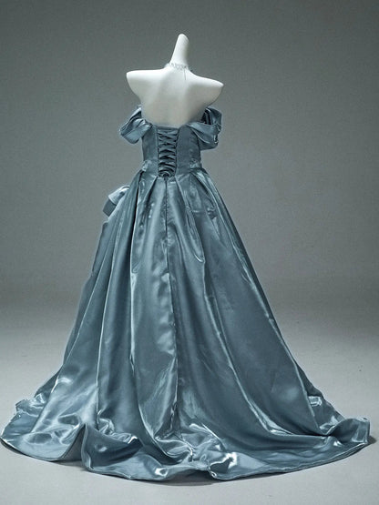 Dusty Blue Satin Formal Gown with 3D Flowers, Ruched Bodice & Corset Back - CQ0105-Couture Gown 2025 -Viniodress-Blue-Custom Size-