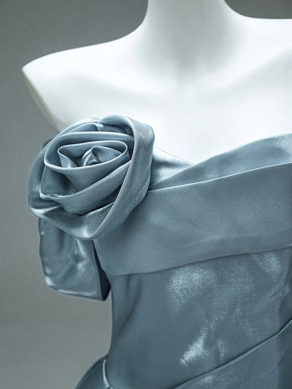 Dusty Blue Satin Formal Gown with 3D Flowers, Ruched Bodice & Corset Back - CQ0105-Couture Gown 2025 -Viniodress-Blue-Custom Size-