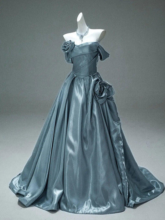 Dusty Blue Satin Formal Gown with 3D Flowers, Ruched Bodice & Corset Back - CQ0105-Couture Gown 2025 -Viniodress-Blue-Custom Size-