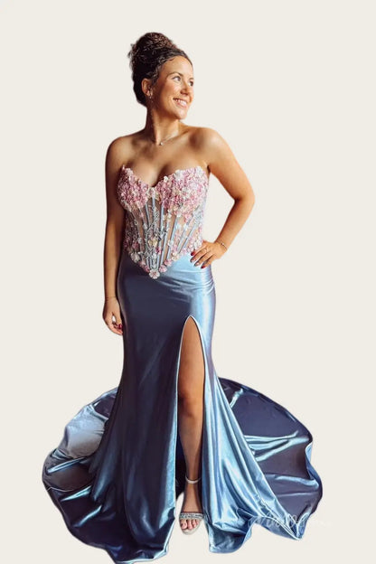 Dusty Blue Satin Mermaid Wedding Dress with Sheer 3D Floral Corset, High Slit & Lace-Up Back - FW264-wedding dresses 2026-Viniodress-Dusty Blue-Custom Size – Add Measurements in Cart-