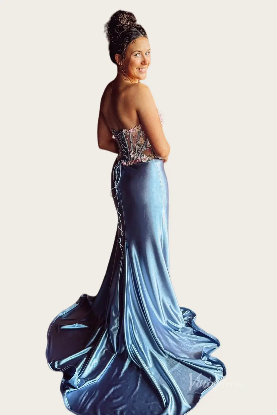 Dusty Blue Satin Mermaid Wedding Dress with Sheer 3D Floral Corset, High Slit & Lace-Up Back - FW264-wedding dresses 2026-Viniodress-Dusty Blue-Custom Size – Add Measurements in Cart-