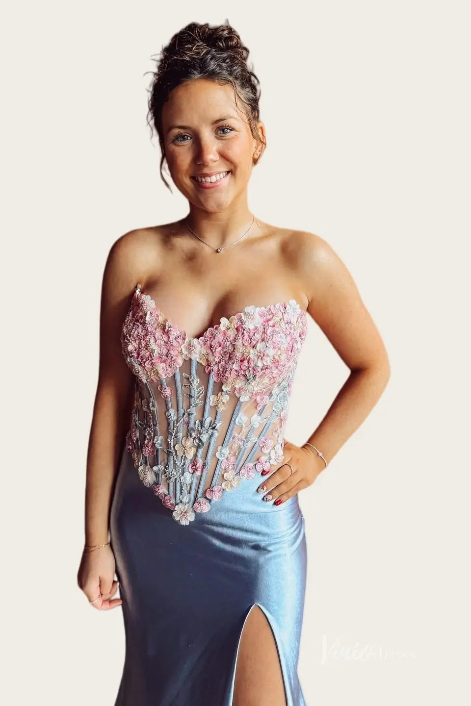 Dusty Blue Satin Mermaid Wedding Dress with Sheer 3D Floral Corset, High Slit & Lace-Up Back - FW264-wedding dresses 2026-Viniodress-Dusty Blue-Custom Size – Add Measurements in Cart-