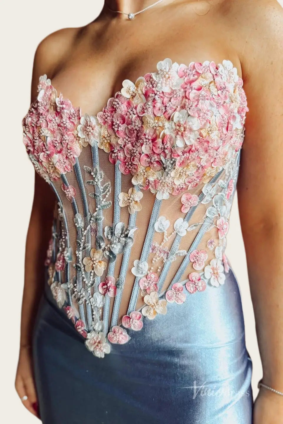 Dusty Blue Satin Mermaid Wedding Dress with Sheer 3D Floral Corset, High Slit & Lace-Up Back - FW264-wedding dresses 2026-Viniodress-Dusty Blue-Custom Size – Add Measurements in Cart-