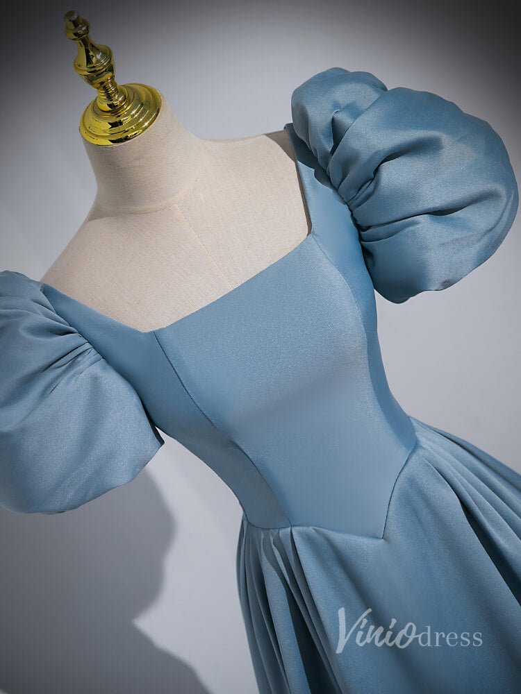 Dusty Blue Satin Prom Dresses Puffed Sleeve Formal Gown 90055-prom dresses 2025 -Viniodress-Blue-Custom Size-