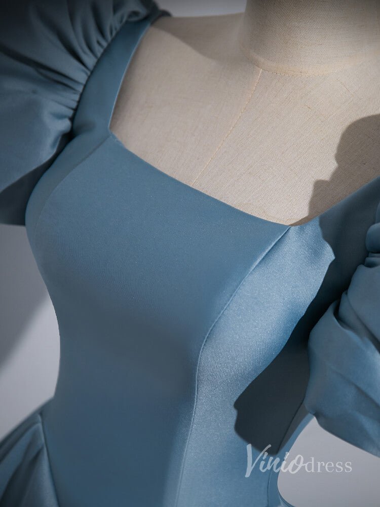 Dusty Blue Satin Prom Dresses Puffed Sleeve Formal Gown 90055-prom dresses 2025 -Viniodress-Blue-Custom Size-