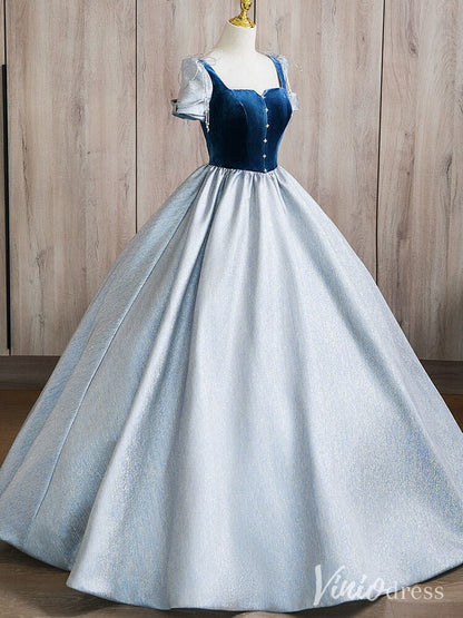 Dusty Blue Satin Prom Dresses Velvet Short Sleeve Quinceanera Dress AD1366-prom dresses 2025 -Viniodress-Dusty Blue-Custom Size-