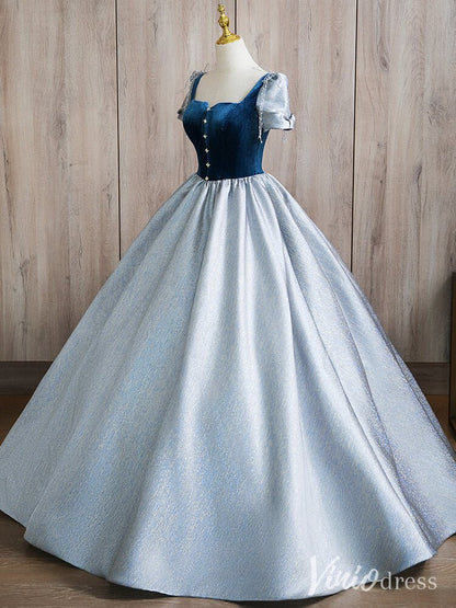 Dusty Blue Satin Prom Dresses Velvet Short Sleeve Quinceanera Dress AD1366-prom dresses 2025 -Viniodress-Dusty Blue-Custom Size-