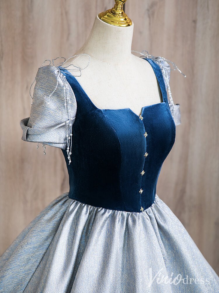 Dusty Blue Satin Prom Dresses Velvet Short Sleeve Quinceanera Dress AD1366-prom dresses 2025 -Viniodress-Dusty Blue-Custom Size-