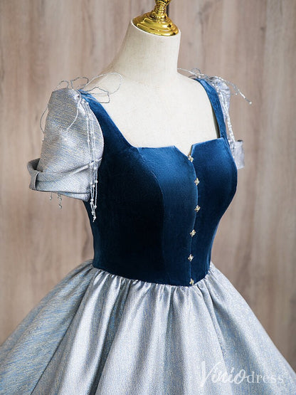 Dusty Blue Satin Prom Dresses Velvet Short Sleeve Quinceanera Dress AD1366-prom dresses 2025 -Viniodress-Dusty Blue-Custom Size-