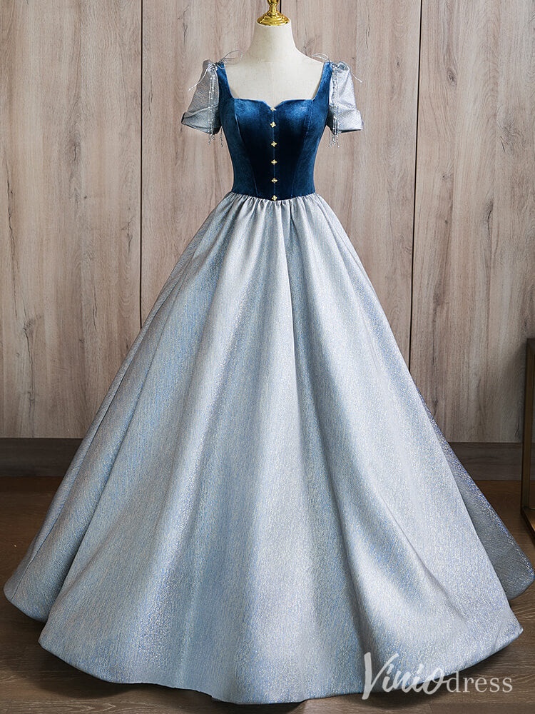 Dusty Blue Satin Prom Dresses Velvet Short Sleeve Quinceanera Dress AD1366-prom dresses-Viniodress-Viniodress