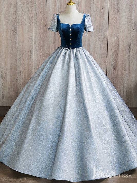 Dusty Blue Satin Prom Dresses Velvet Short Sleeve Quinceanera Dress AD1366 - Viniodressprom dressesDusty BlueCustom Size - Formal Dresses - Ball Gowns