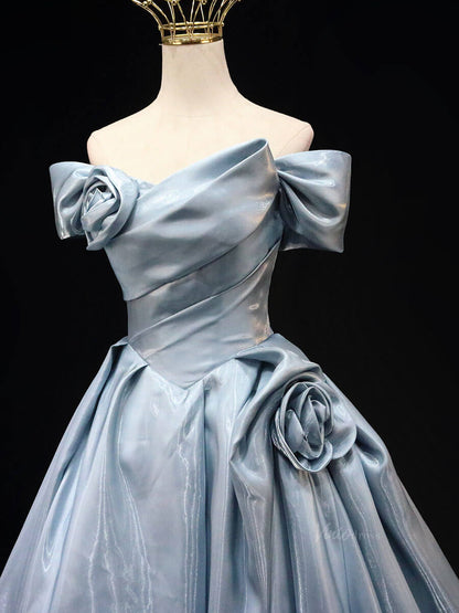 Dusty Blue Satin Prom Dresses with 3D Flower, Off the Shouler Quinceanera Dresses SU021-prom dresses 2025 -Viniodress-Blue-Custom Size-