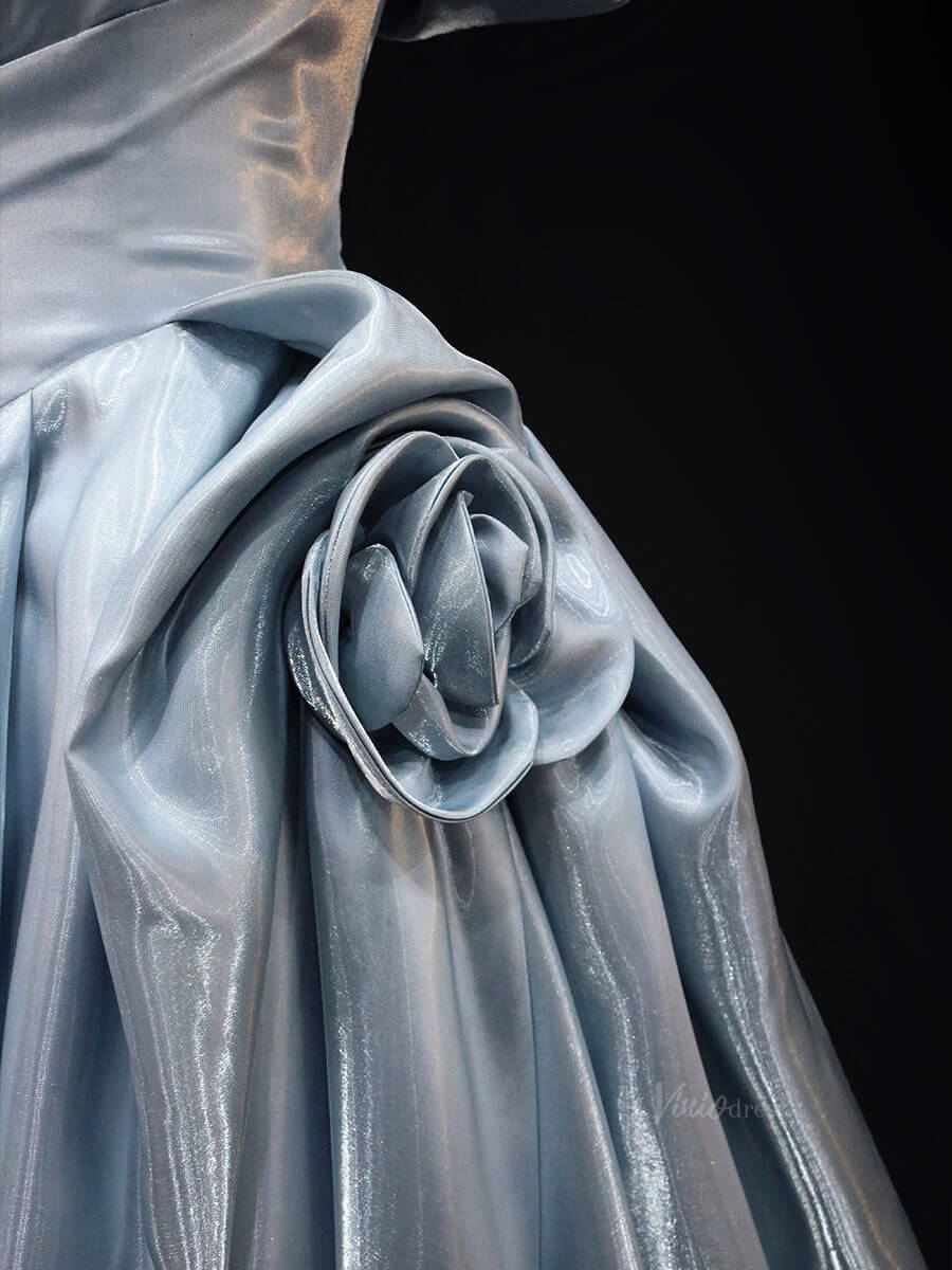 Dusty Blue Satin Prom Dresses with 3D Flower, Off the Shouler Quinceanera Dresses SU021-prom dresses 2025 -Viniodress-Blue-Custom Size-