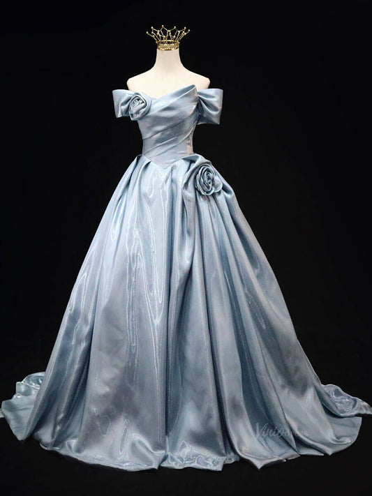 Dusty Blue Satin Prom Dresses with 3D Flower, Off the Shouler Quinceanera Dresses SU021 - Viniodressprom dressesBlueCustom Size - Formal Dresses - Ball Gowns