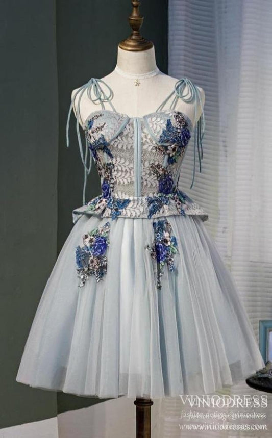 Dusty Blue Short Homecoming Dresses Lace Appliced Party Dress SD1380-Homecoming Dresses 2025 -VINIODRESS-US2-Dusty Blue-Short
